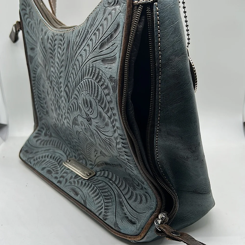 American West Gorgeous Light Blue/Brown Floral Leather Shoulder Bag Purse 🌸🌸 - Picture 4 of 14